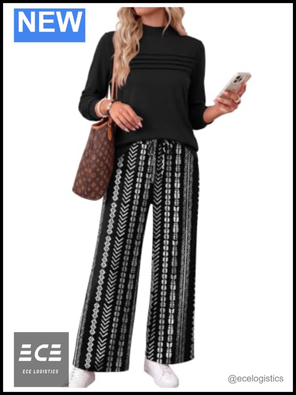 Two Piece Set Mock Neck Top Wide Leg Pants Travel Airport Casual